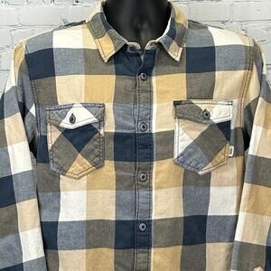 Vans Flannel Button Front Shirt Beige Check Plaid Skater Skateboarding L Large